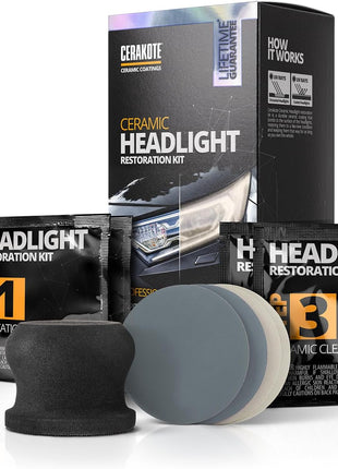 CERAKOTE® Ceramic Headlight Restoration Kit – Guaranteed To Last As Long As You Own Your Vehicle – Brings Headlights Back to Like New Condition - No Power Tools Required - 10 Wipe Kit