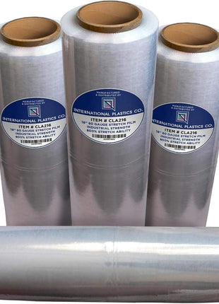 International Plastics Co. 18 inch Stretch Film/Wrap 1500 feet 7 Layers 80 Gauge Industrial Strength up to 800% Stretch 20 Microns Clear Durable Adhering Packing Moving Heavy Duty Shrink Film Box of 4