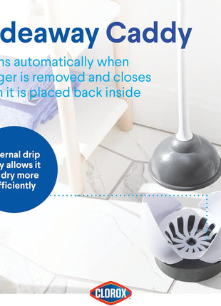 Clorox Toilet Plunger with Hideaway Holder Caddy Heavy-Duty Compact Design with Non-Skid Rubber Base for Bathroom Convenient Storage Toilet Unclogger, 6.5x19.5-Inch, White