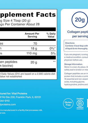 Vital Proteins Collagen Peptides Powder, Unflavored, 19.3oz | Grass-Fed Collagen Peptides, Supports Hair Skin & Nails, Bones & Joints, 28 Servings
