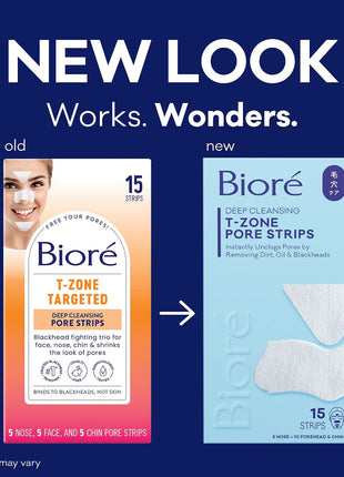 Biore T-Zone Blackhead Remover Strips, Deep Cleansing Pore Strips, 15 ct | 5 Nose, 5 Face, 5 Chin Strips, Instantly Unclogs Pores, Targets T-Zone Areas, Removes Impurities