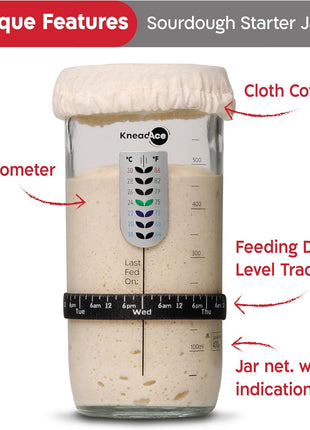 KneadAce Sourdough Starter Jar With Date Marked Feeding Band, Thermometer, Sourdough Jar Scraper, Sourdough Container Sewn Cloth Cover & Metal Lid, Sourdough Starter Kit