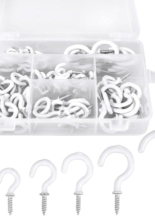 Romeda 90 Pcs White Ceiling Hooks kit, 6 Sizes Vinyl Coated Screw-in Plant, Kitchen, Cup, Ceiling Hooks for Hanging (1/2in, 5/8in,3/4in,7/8in,1'',1-1/4in)