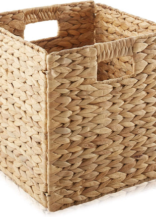 Casafield 10.5 inch x 10.5 inch Water Hyacinth Storage Baskets, Natural   Set of 4 Collapsible Cube Organizers, Woven Bins for Bathroom, Bedroom, Laundry, Pantry, Shelves