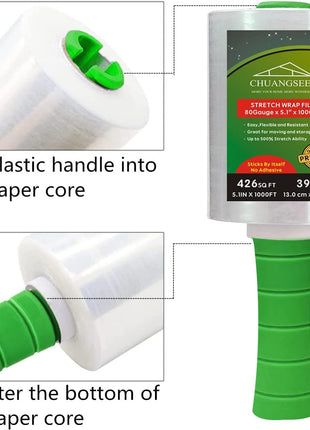 2-Pack Industrial Mini Clear Stretch Wrap Film 80 Gauge 5.1" 1000ft for Pallet Wrap with Plastic Handle,Durable Self-Adhering Packing,Moving,Packaging,Heavy Duty Shrink Film Chuangseed