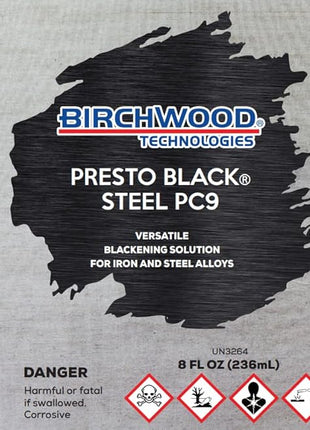 Birchwood Technologies Presto Black STEEL PC9 - versatile blackening solution for iron and steel alloys traditional patina blue and black oxide touch-up (8 oz)