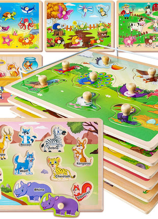 SYNARRY Wooden Puzzles for Toddlers 1-3, 6XSET Animals Puzzles for Toddlers 2-4 with Rack, Toddler Puzzles Ages 2-4, Kids Learning Educational Montessori Toys, Education Toys for 2 3 Years Boys Girls