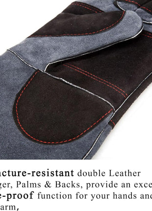 RAPICCA Animal Handling Gloves Bite Proof Double Leather Reinforced Padding Dog,Cat Scratch,Bird Handling Falconry Gloves Grabbing Reptile Squirrel Snake Bite 16in Grey-Black
