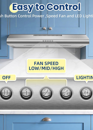 24 inch Range Hood Under Cabinet, Stainless Steel Range Hood 280CFM, Slim Kitchen Stove Hood w/Push Button, Ducted/Ductless Convertible, 3 Speeds Exhaust Fan, LED Light and Carbon Filter