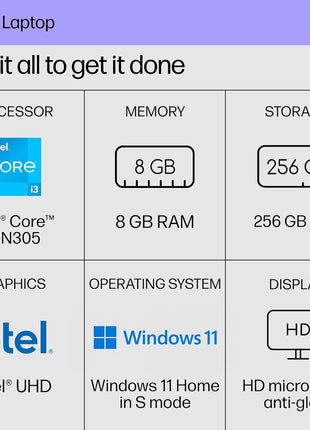 HP 14 inch Laptop, HD Display, Intel Core i3-N305, 8 GB RAM, 256 GB SSD, Intel UHD Graphics, Windows 11 Home in S Mode, Natural Silver, 14-ep0299nr