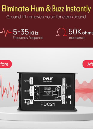 Pyle Premium Direct Injection Audio Box - 2.36" x 4.09" Passive DI Unit Hum Eliminator w/ Input Attenuator to Connect Guitar & Bass, 1/4'' Impedance Transformer Connector to Balanced & Unbalanced XLR