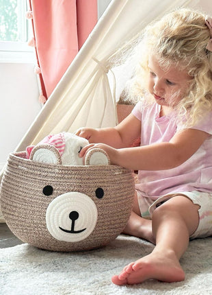 CherryNow Baby Basket for Nursery, Bear Gift Baskets for Kids, Baby Shower Basket with Handles, Small Cute Animal Baskets, Light Brown, 10.5 inchD x 8.5 inchH