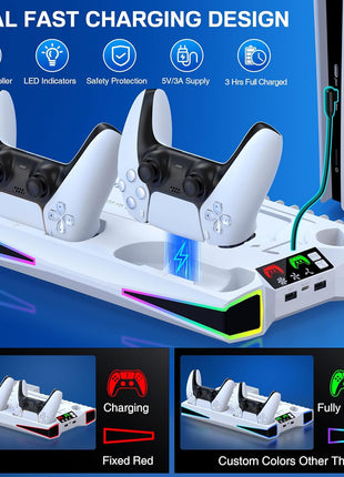 LIFUFUTEE PS5 Stand, PS5/Slim/Pro Cooling Station with 2.36in Cooling Fan, Controller Charger Station for PS5 Accessories, RGB Light, Headset Holder, 3 Charger Ports for PlayStation 5 Slim/Pro Console