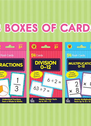 Carson Dellosa 3-Pack Math Flash Cards, Ages 8-12, Multiplication | Division, and Fractions, Math Games, Grade 3-5, Mathematics Practice, 162 cards, Educational Card Set