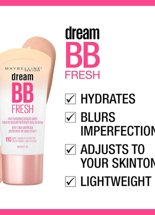 Maybelline Dream Fresh Skin Hydrating BB cream, 8-in-1 Skin Perfecting Beauty Balm with Broad Spectrum SPF 30, Sheer Tint Coverage, Oil-Free, Light/Medium, 1 Fl Oz
