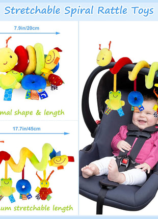 Spiral Car Seat Toys - Baby Sensory Soft Plush Hanging Toys for 0-12 Months Stroller Crib Accessories, Essentials for Expecting Moms & Baby Shower Registry Gift