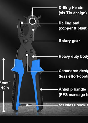 Diyife Professional Leather Hole Puncher, Full Set Punch Tool Kits for Belt, Watch Band, Shoe, Crafting, Handbag Straps, Fabric, with Extra Punch Plates and Ruler, Multi Hole Sizes Make - Blue