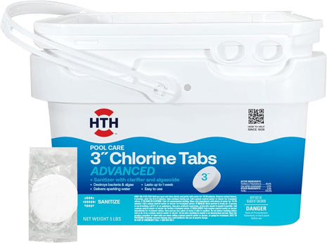 HTH 42052W Pool Care 3 inch Chlorine Tabs Advanced, Individually Wrapped Tablets - Swimming Pool Sanitizer with Clarifier & Algaecide, Destroys Bacteria & Algae, Delivers Clear Water All Season, 5 lbs