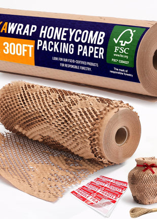 Honeycomb Packing Paper For Moving 12" x 150ft With Rope & Fragile Stickers | Eco Friendly Shipping & Moving Paper Wrap For Packing Dishes | Bubble Wrap & Packing Materials Certified FSC C204227