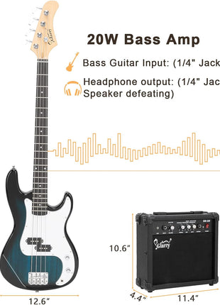 GLARRY Full Size Electric Bass Guitar with 20W AMP, 4 String Beginner Starter Kit with Accessories including Cable, Strap, Bag for Kids and Adults (Dark blue)