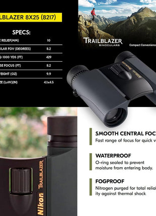 Nikon Trailblazer 8x25 ATB Black Binoculars 8218 | Waterproof, Fogproof, Dual-hinge design, Compact Binocular, Black Rubber Armoring, Mutlilayer-coated lenses | Official Nikon USA Model