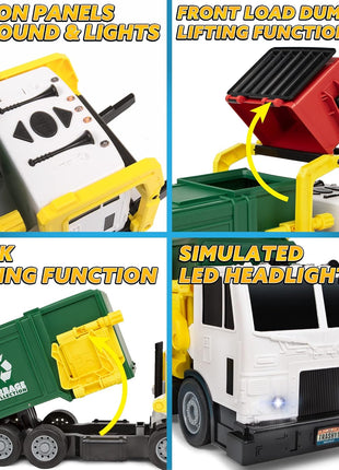 JOYIN Large Friction Powered Garbage Truck Toy Set, Includes 1 Dumpster, 3 Trash Bins, and 30 Learning Cards for Kids, Boy Toys Birthday Gift, Green