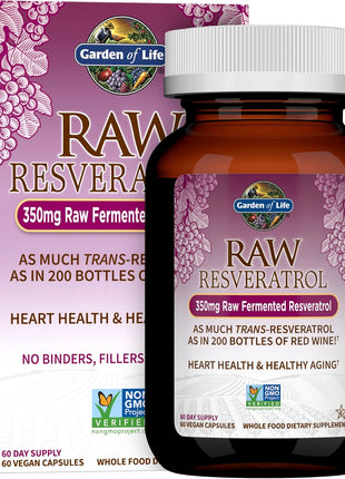 Garden of Life Heart Resveratrol Supplement - Powerful Antioxidant Support With 350mg Raw Fermented Trans-Resveratrol Plus Probiotics and Enzymes for Heart Health and Healthy Aging, 60 Vegan Capsules