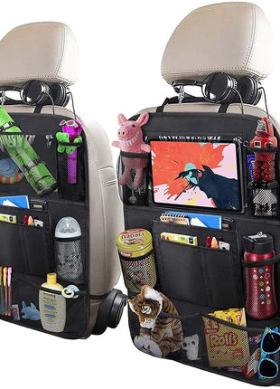 ULEEKA Car Backseat Organizer with 10 inch Table Holder, 9 Storage Pockets Seat Back Protectors Kick Mats for Kids Toddlers, Travel Accessories, 2 Pack