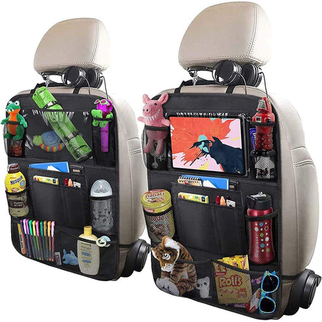 ULEEKA Car Backseat Organizer with 10 inch Table Holder, 9 Storage Pockets Seat Back Protectors Kick Mats for Kids Toddlers, Travel Accessories, 2 Pack
