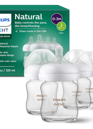Philips Avent Natural Glass Baby Bottles with Natural Response Nipples (Slow Flow, Flow 2), 4oz, 4-Pack, SCY910/04