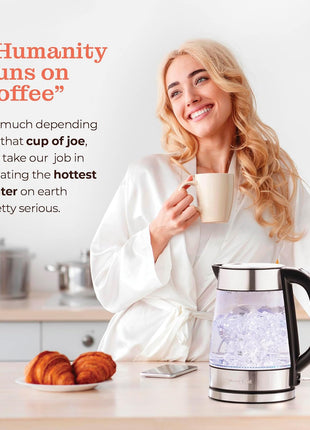 Speed-Boil Electric Kettle For Coffee & Tea - 1.7L Water Boiler 1500W, Borosilicate Glass, Easy Clean Wide Opening, Auto Shut-Off, Cool Touch Handle, LED Light. 360° Rotation, Boil Dry Protection