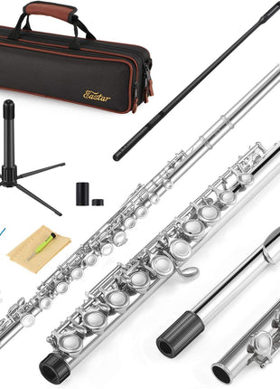 Eastar Closed Hole 16 Keys Flute for Beginner Kids Student with Cleaning Kit, Stand, Case, Gloves, Tuning Rod, Nickel, EFL-1