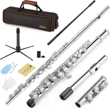 Eastar Closed Hole 16 Keys Flute for Beginner Kids Student with Cleaning Kit, Stand, Case, Gloves, Tuning Rod, Nickel, EFL-1