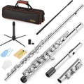 Eastar Closed Hole 16 Keys Flute for Beginner Kids Student with Cleaning Kit, Stand, Case, Gloves, Tuning Rod, Nickel, EFL-1