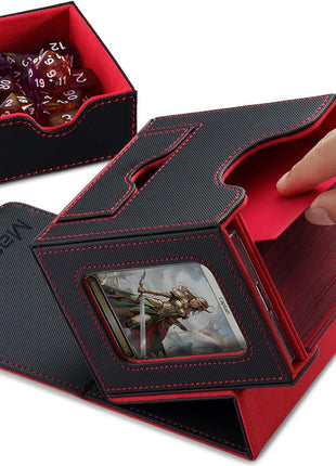 Card Deck Box for MTG Commander - Patented Design, Commander Display, Fits 100 Double-Sleeved Cards, 35pt Card Brick & Dice Tray - Black/Red