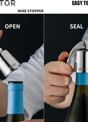 WOTOR Stainless Steel Wine Bottle Stoppers with Silicone   Reusable Wine Saver and Decorative Bottle Sealer, Leakproof, Keep Fresh, Silver, 2 Pack