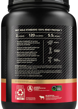 Optimum Nutrition Gold Standard Whey Protein, Double Rich Chocolate, 2 LB | 24g of 100% Whey Protein Powder Per Serving, with BCAAs, Gluten Free, Banned Substance Tested, Easy Mixing, Muscle Support