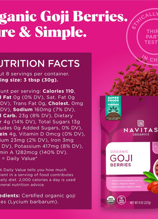 Navitas Organics Goji Berries – For Smoothies, Trail Mix, Baked Goods, Oatmeal & More – Vitamin A, Antioxidants, Fiber – Wolfberry - USDA Organic, Non GMO, Gluten Free, Vegan (8oz. Bag, 8 Servings)