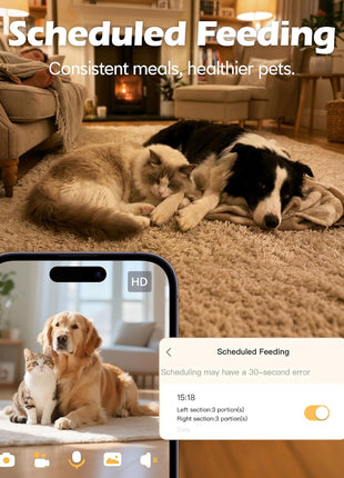 Automatic Cat Feeder with Camera, Automatic Dog Feeder Dry Food, 8L Dual Hopper Auto Cat Food Dispenser, 1080P HD Video with Night Vision/2-Way Audio/APP, 5G WiFi Pet Feeder with Low Food Tray-Black