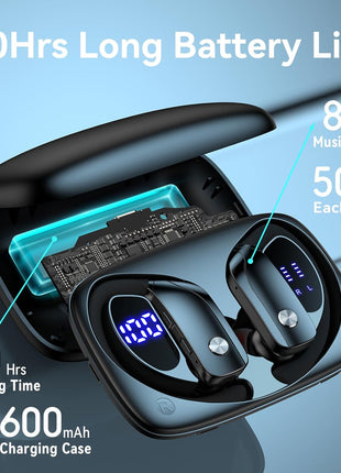 bmani Ear Buds Wireless Earbuds Bluetooth Headphones with 80H Playtime LED Display Case, Over-Ear Hook with Mic, Stereo Sound, Easy Button Controls, Sports Earphones for Running Workout Gym Black