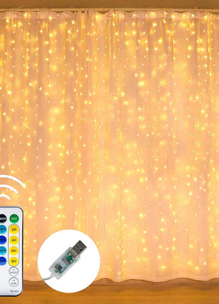 Dazzle Bright Curtain String Lights, 300 LED 9.8ft x9.8ft Warm White Fairy Lights with 8 Lighting Modes, Waterproof Lights for Bedroom Christmas Party Wedding Home Garden Wall Decor