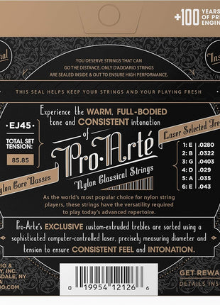 D'Addario Pro Arté Nylon Classical Guitar Strings, EJ45, Normal Tension, 6-String Set, Pack of 1