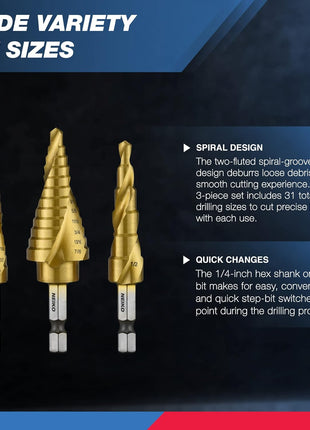 NEIKO 10181A Step Drill Bit Set, 3 Piece, Spiral Grooved for Faster Drilling, Step Bits for Stainless Steel, Metal, Wood, Plastic, Unibit Cone Drill Bits with 31 Step Sizes Total