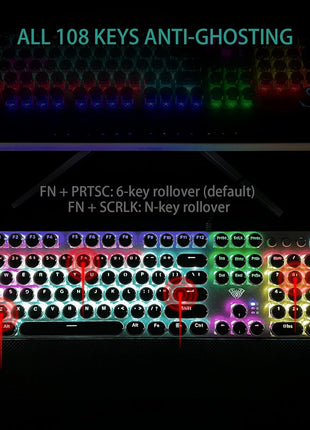 AULA F2088 Typewriter Style Mechanical Gaming Keyboard Wired,Blue Switches,Rainbow LED Backlit,Removable Wrist Rest,Media Control Knob,Retro Punk Round Keycaps,USB Wired Computer Keyboard