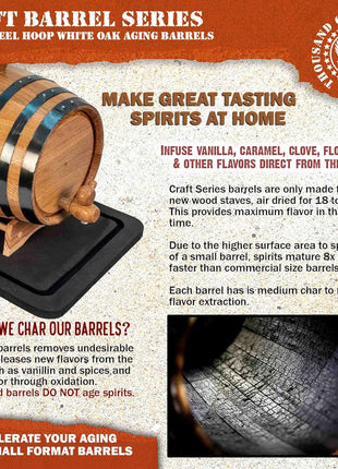2 Liter Oak Aging Barrel with Wood Stand, Bung & Spigot   Mini Whiskey Barrels for The Home Alcohol Distiller, Moonshiner & Winemaker   Age Cocktails, Bourbon, Whisky, Tequila, Rum, Mead Wine (2L)