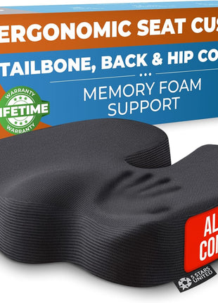 Seat Cushion for Office Chairs - Fits 18 inchx14 inch Seats, Tailbone, Coccyx Pain Relief - Butt, Pressure & Sciatica Relief - Gaming, Wheelchair, Car & Desk Pillow, Black