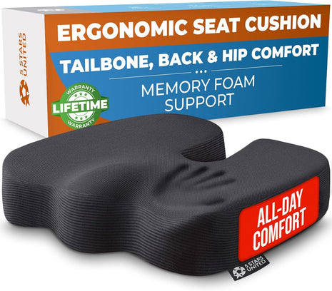 Seat Cushion for Office Chairs - Fits 18 inchx14 inch Seats, Tailbone, Coccyx Pain Relief - Butt, Pressure & Sciatica Relief - Gaming, Wheelchair, Car & Desk Pillow, Black