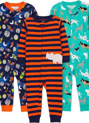 Simple Joys by Carter's Baby Boys' 3-Pack Snug Fit Footless Cotton Pajamas, Blue Stripe/Green Trucks/White Dinosaur, 3T