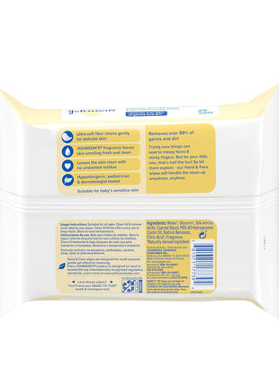 Johnson's Baby Disposable Hand & Face Cleansing Wipes, Pre-Moistened Wipes Gently Remove 99% of Germs & Dirt from Delicate Skin, Paraben-, Phthalate- & Alcohol-Free, Hypoallergenic, 25 Count