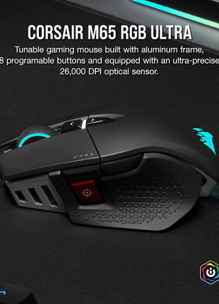 Corsair M65 RGB Ultra Tunable FPS Gaming Mouse Marksman 26,000 DPI Optical Sensor, Optical Switches, AXON Hyper-Processing Technology, Sensor Fusion Control, Tunable Weight System - Black